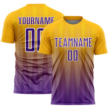 Laden Sie das Bild in den Galerie-Viewer, Custom Gold Purple-White Gradient Line Sublimation Soccer Uniform Jersey
