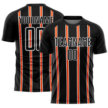 Laden Sie das Bild in den Galerie-Viewer, Custom Black Orange-White Stripe Line Sublimation Soccer Uniform Jersey
