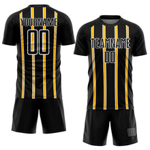 Laden Sie das Bild in den Galerie-Viewer, Custom Black Gold-White Stripe Line Sublimation Soccer Uniform Jersey
