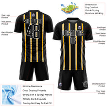 Laden Sie das Bild in den Galerie-Viewer, Custom Black Gold-White Stripe Line Sublimation Soccer Uniform Jersey
