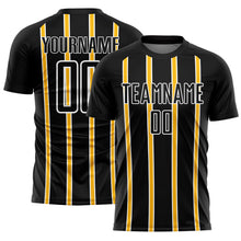 Laden Sie das Bild in den Galerie-Viewer, Custom Black Gold-White Stripe Line Sublimation Soccer Uniform Jersey
