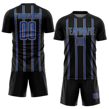 Custom Black Thunder Blue-Old Gold Stripe Line Sublimation Soccer Uniform Jersey