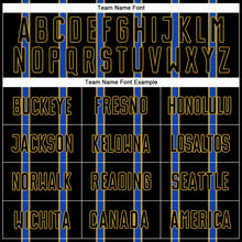 Load image into Gallery viewer, Custom Black Thunder Blue-Old Gold Stripe Line Sublimation Soccer Uniform Jersey
