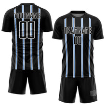 Charger l&#39;image dans la galerie, Custom Black Light Blue-White Stripe Line Sublimation Soccer Uniform Jersey
