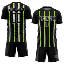Load image into Gallery viewer, Custom Black Neon Green-White Stripe Line Sublimation Soccer Uniform Jersey
