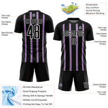 Загрузить изображение в средство просмотра галереи, Custom Black Medium Purple-White Stripe Line Sublimation Soccer Uniform Jersey
