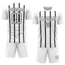 Load image into Gallery viewer, Custom White Black-Gray Stripe Line Sublimation Soccer Uniform Jersey
