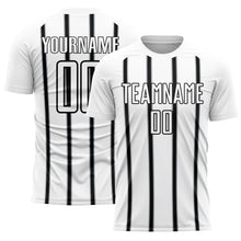 Load image into Gallery viewer, Custom White Black-Gray Stripe Line Sublimation Soccer Uniform Jersey
