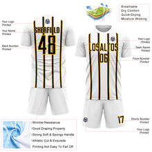 Load image into Gallery viewer, Custom White Black-Gold Stripe Line Sublimation Soccer Uniform Jersey
