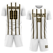 Load image into Gallery viewer, Custom White Black-Old Gold Stripe Line Sublimation Soccer Uniform Jersey
