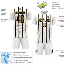 Load image into Gallery viewer, Custom White Black-Old Gold Stripe Line Sublimation Soccer Uniform Jersey
