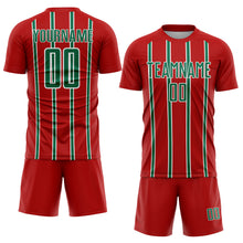 Load image into Gallery viewer, Custom Red Kelly Green-White Stripe Line Sublimation Soccer Uniform Jersey
