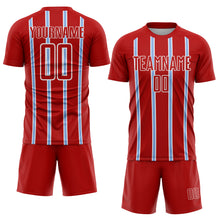 Load image into Gallery viewer, Custom Red Light Blue-White Stripe Line Sublimation Soccer Uniform Jersey
