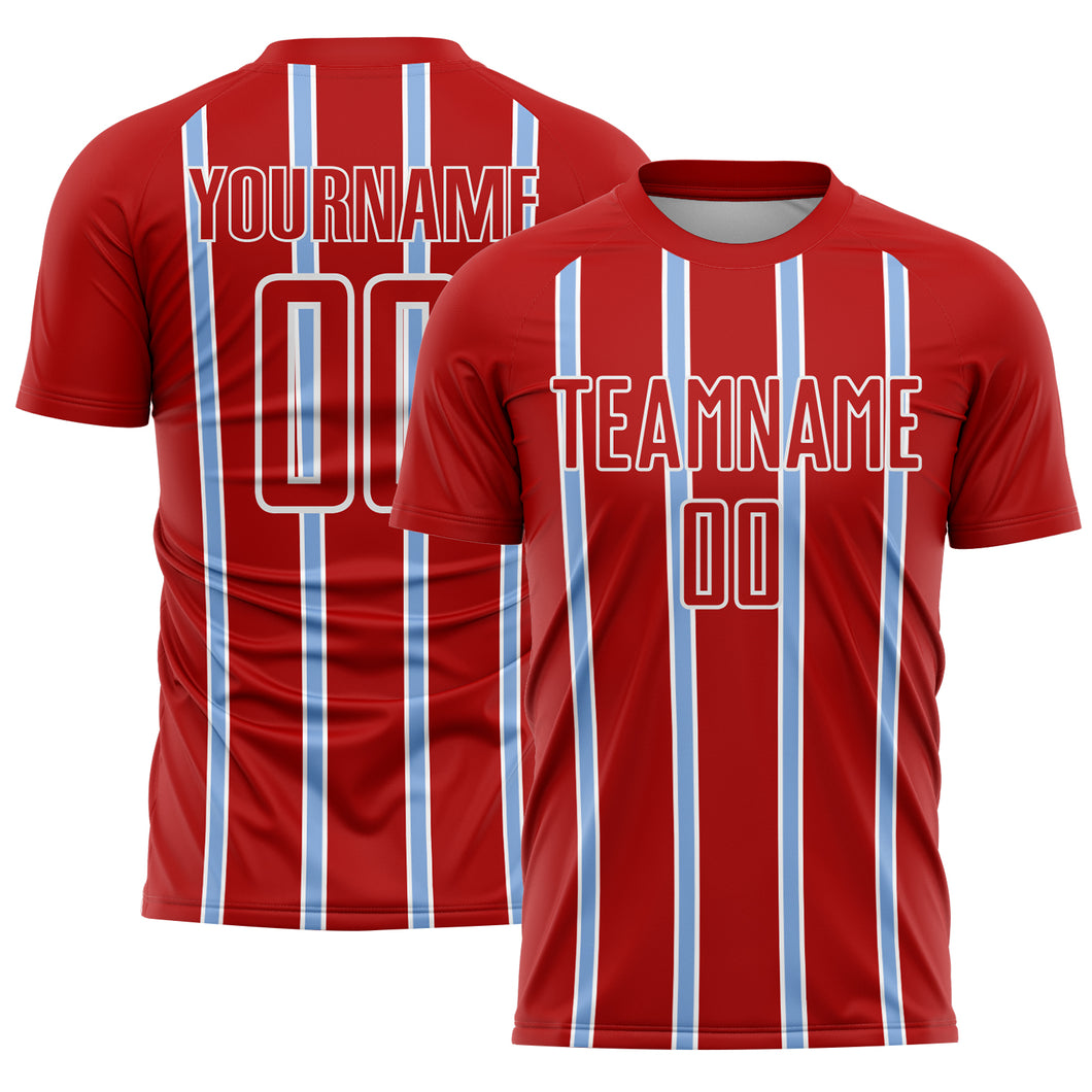Custom Red Light Blue-White Stripe Line Sublimation Soccer Uniform Jersey