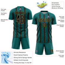 Load image into Gallery viewer, Custom Teal Black-Old Gold Stripe Line Sublimation Soccer Uniform Jersey
