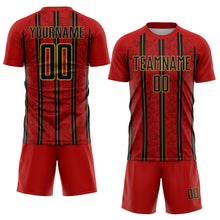 Load image into Gallery viewer, Custom Red Black-Old Gold Stripe Line Sublimation Soccer Uniform Jersey

