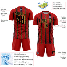 Load image into Gallery viewer, Custom Red Black-Old Gold Stripe Line Sublimation Soccer Uniform Jersey
