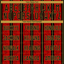 Load image into Gallery viewer, Custom Red Black-Old Gold Stripe Line Sublimation Soccer Uniform Jersey
