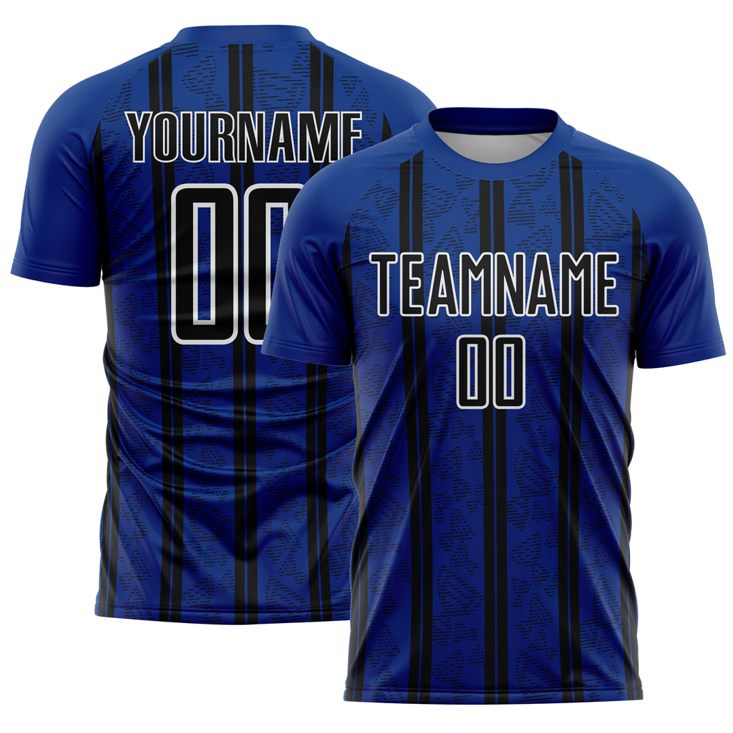 Custom Royal Black-White Stripe Line Sublimation Soccer Uniform Jersey