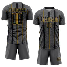 Load image into Gallery viewer, Custom Gray Black-Old Gold Stripe Line Sublimation Soccer Uniform Jersey
