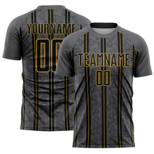 Load image into Gallery viewer, Custom Gray Black-Old Gold Stripe Line Sublimation Soccer Uniform Jersey
