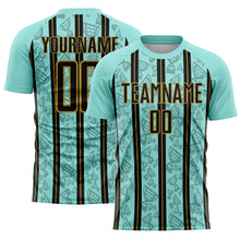 Load image into Gallery viewer, Custom Ice Blue Black-Old Gold Stripe Line Sublimation Soccer Uniform Jersey
