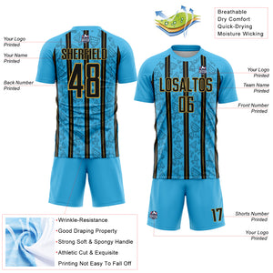 Custom Sky Blue Black-Old Gold Stripe Line Sublimation Soccer Uniform Jersey