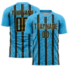 Load image into Gallery viewer, Custom Sky Blue Black-Old Gold Stripe Line Sublimation Soccer Uniform Jersey

