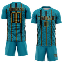 Load image into Gallery viewer, Custom Teal Black-Old Gold Stripe Line Sublimation Soccer Uniform Jersey
