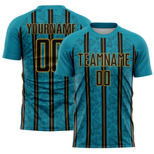 Load image into Gallery viewer, Custom Teal Black-Old Gold Stripe Line Sublimation Soccer Uniform Jersey
