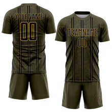 Load image into Gallery viewer, Custom Olive Black-Old Gold Stripe Line Sublimation Salute To Service Soccer Uniform Jersey
