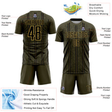 Load image into Gallery viewer, Custom Olive Black-Old Gold Stripe Line Sublimation Salute To Service Soccer Uniform Jersey
