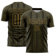 Load image into Gallery viewer, Custom Olive Black-Old Gold Stripe Line Sublimation Salute To Service Soccer Uniform Jersey
