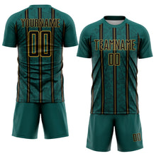 Charger l&#39;image dans la galerie, Custom Midnight Green Black-Old Gold Stripe Line Sublimation Soccer Uniform Jersey
