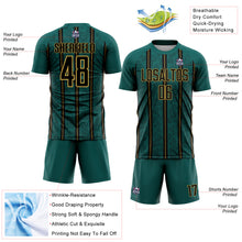 Charger l&#39;image dans la galerie, Custom Midnight Green Black-Old Gold Stripe Line Sublimation Soccer Uniform Jersey
