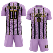 Load image into Gallery viewer, Custom Light Purple Black-Old Gold Stripe Line Sublimation Soccer Uniform Jersey
