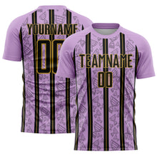 Load image into Gallery viewer, Custom Light Purple Black-Old Gold Stripe Line Sublimation Soccer Uniform Jersey
