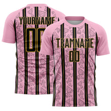 Загрузить изображение в средство просмотра галереи, Custom Light Pink Black-Old Gold Stripe Line Sublimation Soccer Uniform Jersey
