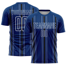 Load image into Gallery viewer, Custom Navy Black-White Stripe Sublimation Soccer Uniform Jersey
