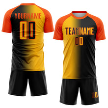 Load image into Gallery viewer, Custom Black Gold-Orange Sublimation Gradient Fashion Soccer Uniform Jersey
