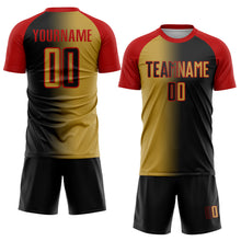 Load image into Gallery viewer, Custom Black Old Gold-Red Sublimation Gradient Fashion Soccer Uniform Jersey
