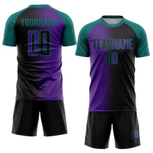 Laden Sie das Bild in den Galerie-Viewer, Custom Black Purple-Teal Sublimation Gradient Fashion Soccer Uniform Jersey
