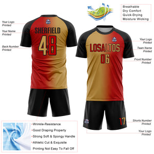 Custom Red Old Gold-Black Sublimation Gradient Fashion Soccer Uniform Jersey