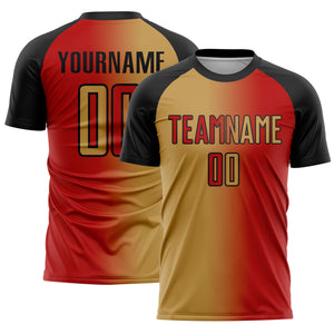 Custom Red Old Gold-Black Sublimation Gradient Fashion Soccer Uniform Jersey