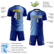 Laden Sie das Bild in den Galerie-Viewer, Custom Royal Light Blue-Gold Sublimation Gradient Fashion Soccer Uniform Jersey
