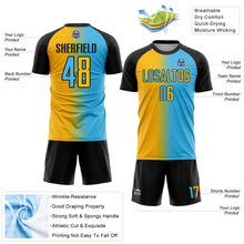 Laden Sie das Bild in den Galerie-Viewer, Custom Sky Blue Gold-Black Sublimation Gradient Fashion Soccer Uniform Jersey
