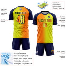 Laden Sie das Bild in den Galerie-Viewer, Custom Neon Yellow Bay Orange-Navy Sublimation Gradient Fashion Soccer Uniform Jersey
