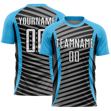 Загрузить изображение в средство просмотра галереи, Custom Sky Blue White-Black Stripe Line Sublimation Soccer Uniform Jersey
