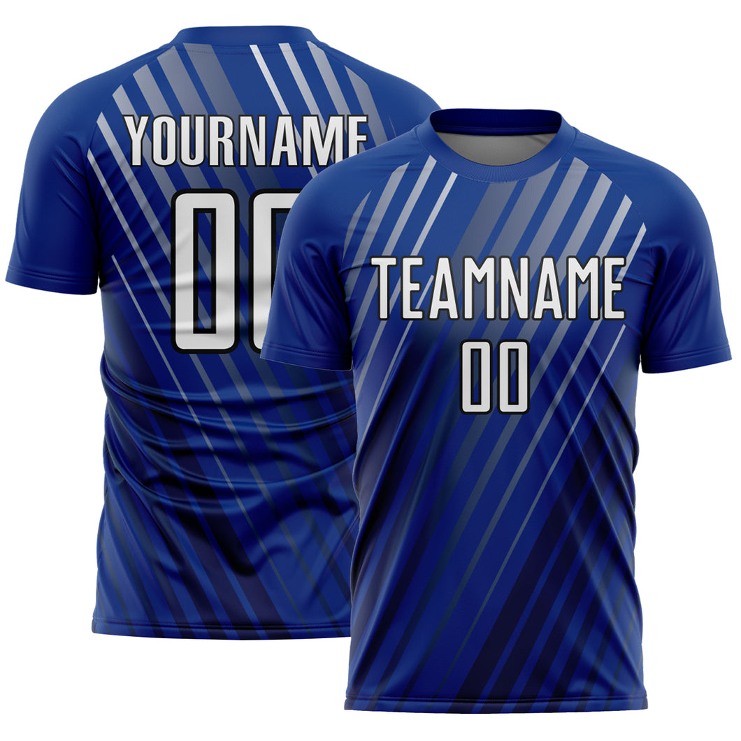 Custom Royal White-Black Stripe Line Sublimation Soccer Uniform Jersey