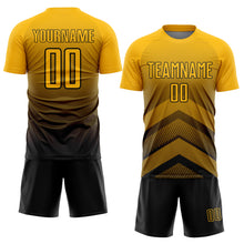 Load image into Gallery viewer, Custom Gold Black Gradient Arrow Geometric Shapes Sublimation Soccer Uniform Jersey
